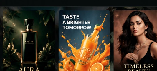Concept examples of luxury perfume, orange drink and beauty advertising campaigns