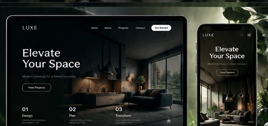 Premium interior design website example displayed on laptop and mobile